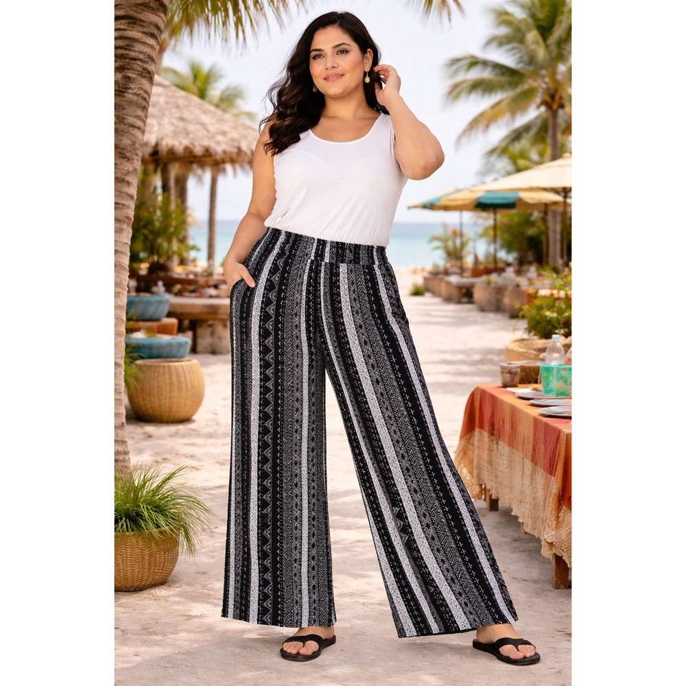 Woman Within 16W Boho Wide Leg Pants Black White Tribal Print Plus Resort Flowy